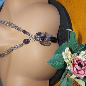 Silvertone Front Closure Bead Tassel Necklace Double Chain Toggle